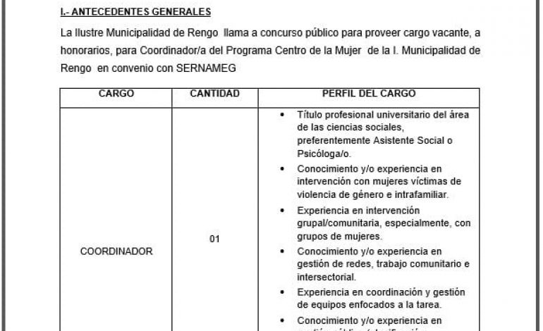 CONCURSO PÚBLICO: MUNICIPALIDAD DE RENGO REQUIERE CONTRATAR COORDINADOR PROGRAMA CENTRO DE LA MUJER